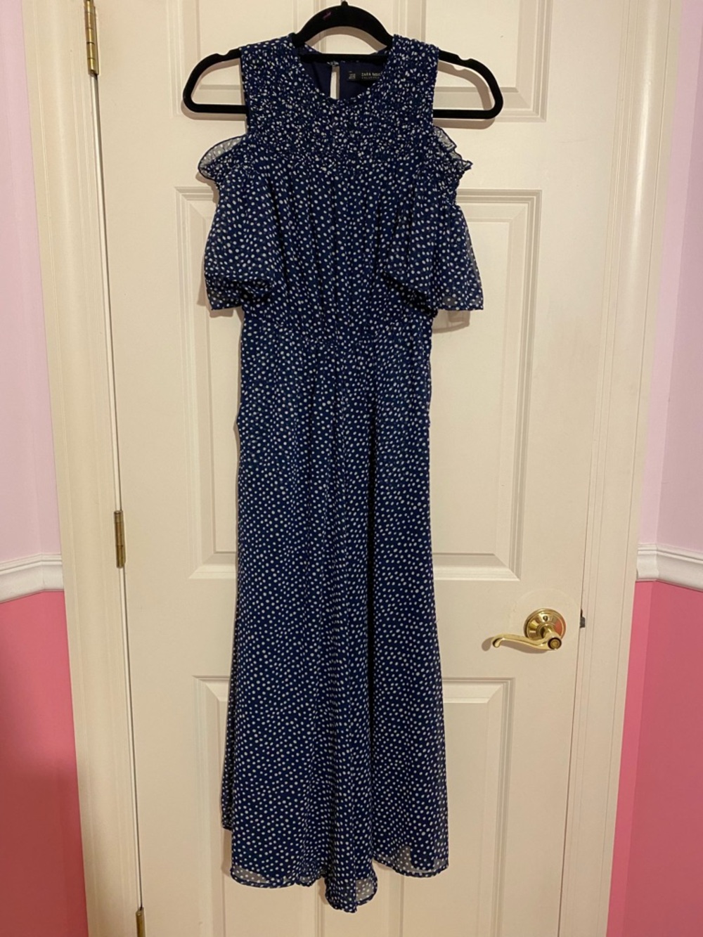 Zara Basic Collection navy blue/ white polka dot ruffle maxi dress, size XS
